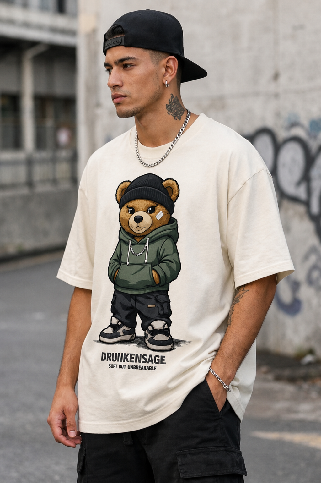 Drunkensage Bear Graphic Print | Oversized | Round Neck |  100% Cotton Tshirt