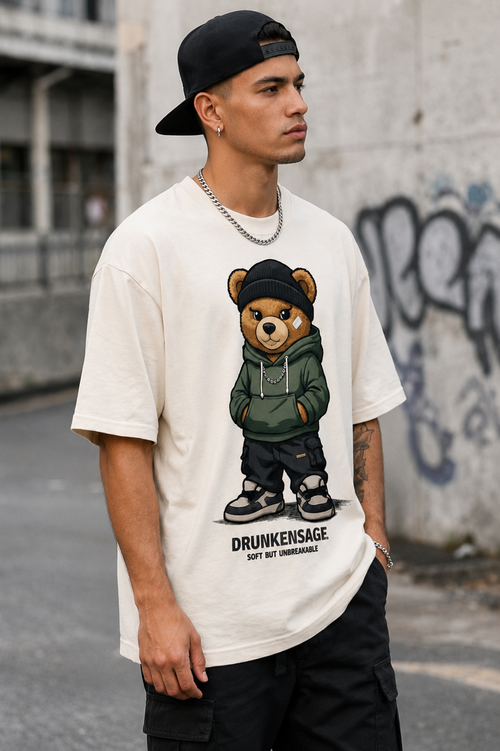 Drunkensage Bear Graphic Print | Oversized | Round Neck |  100% Cotton Tshirt