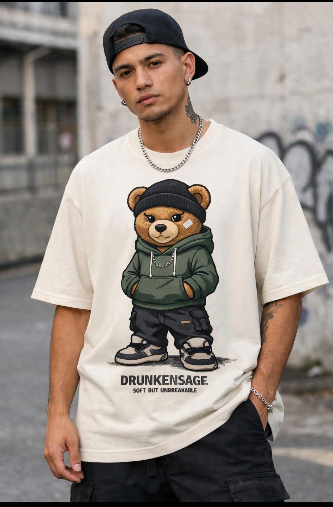 Drunkensage Bear Graphic Print | Oversized | Round Neck |  100% Cotton Tshirt